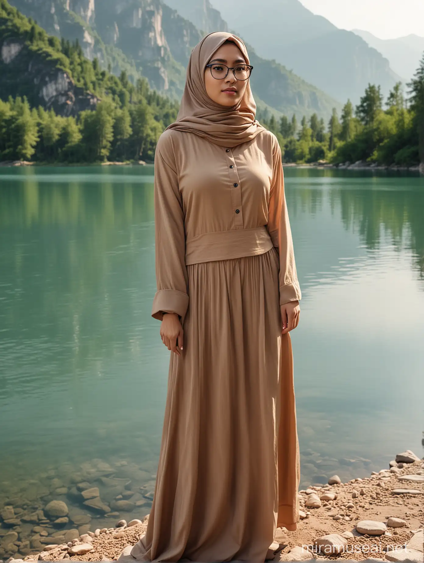 An asian woman wearing hijab, wearing glasses with black frames, wearing large light brown shirt, and long light brown skirt, standing beside beautiful lake, surrounds woods and mountain, ultra hd photograph