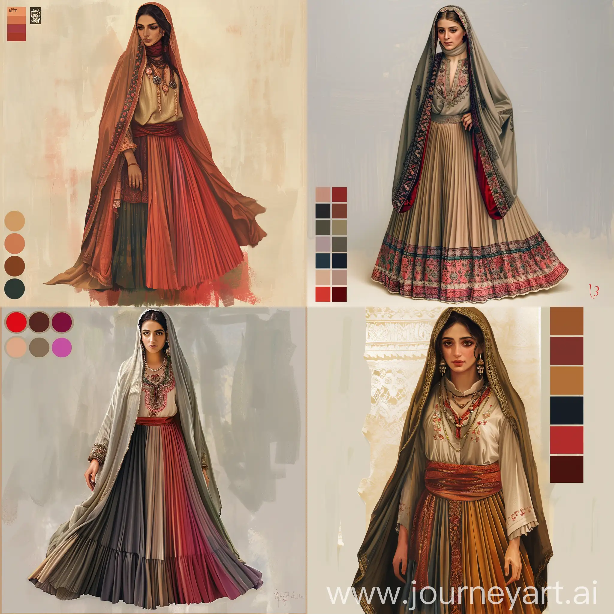   Type of Image: Digital painting, Graphic art  Description of the desired design: The image I have in mind for the NFT is of a woman in a beautiful traditional Bakhtiari outfit, one of the authentic Iranian ethnic garments including a chador, lachak, shirt, and long pleated skirt. This outfit features very beautiful designs and colors. The Bakhtiari chador is made of delicate fabric and adorned. Bakhtiari women's hair is split open on both sides of the face and flows over their shoulders. The lachak and clothing of Bakhtiari women are decorated with needlework and embroidery. These women have adorned their outfits with jewelry to enhance their beauty. The long and pleated skirts of these women are made of high-quality fabric and vibrant, energetic colors.   My sales goal is to target women and enthusiasts of identity, culture, and history. My aim is to showcase the authenticity and beauty of Bakhtiari local attire and the power and beauty of Bakhtiari women.  Color palette for this design:  1. Red: 