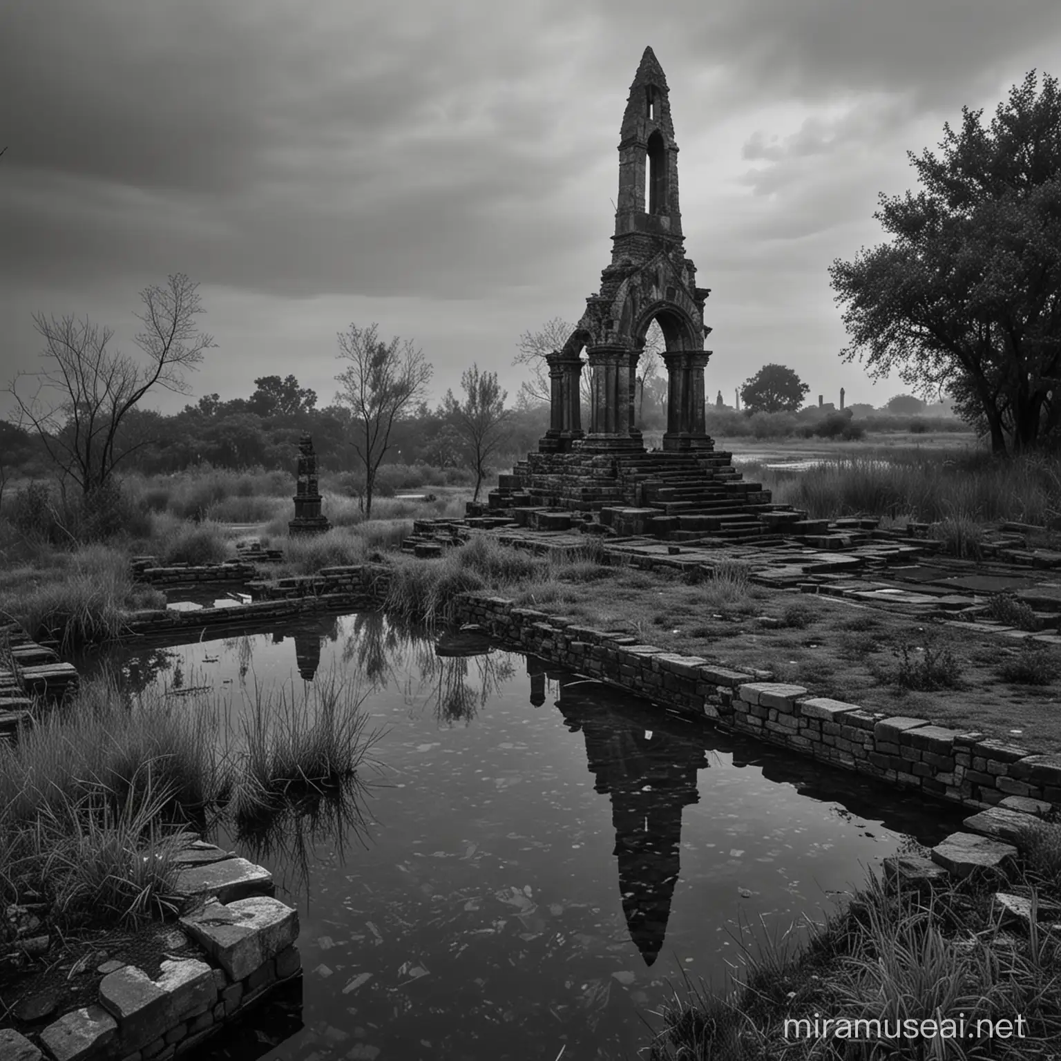 Gothic Ruins in a Swamp with Black Marble Foundation and Distant Obelisk