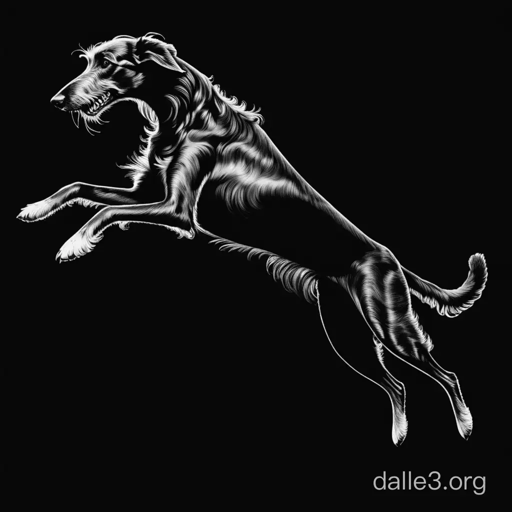 black dead deerhound jumping 2D black and white black background