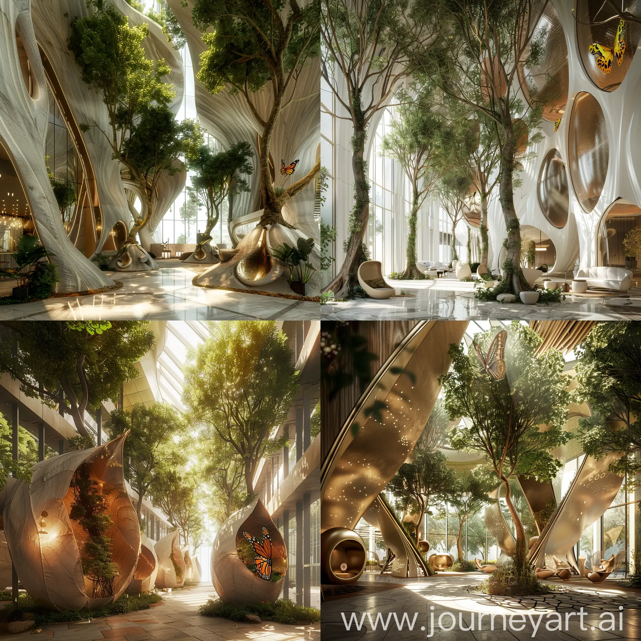 A hotel lobby design with very large trees inside inspired by a butterfly cocoon for the evolo competition