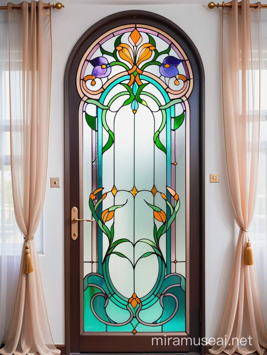 витраж цветочный орнамент, на двери, из цветного стекла тиффани, в стиле ар нуво на фоне штор из белой органзы