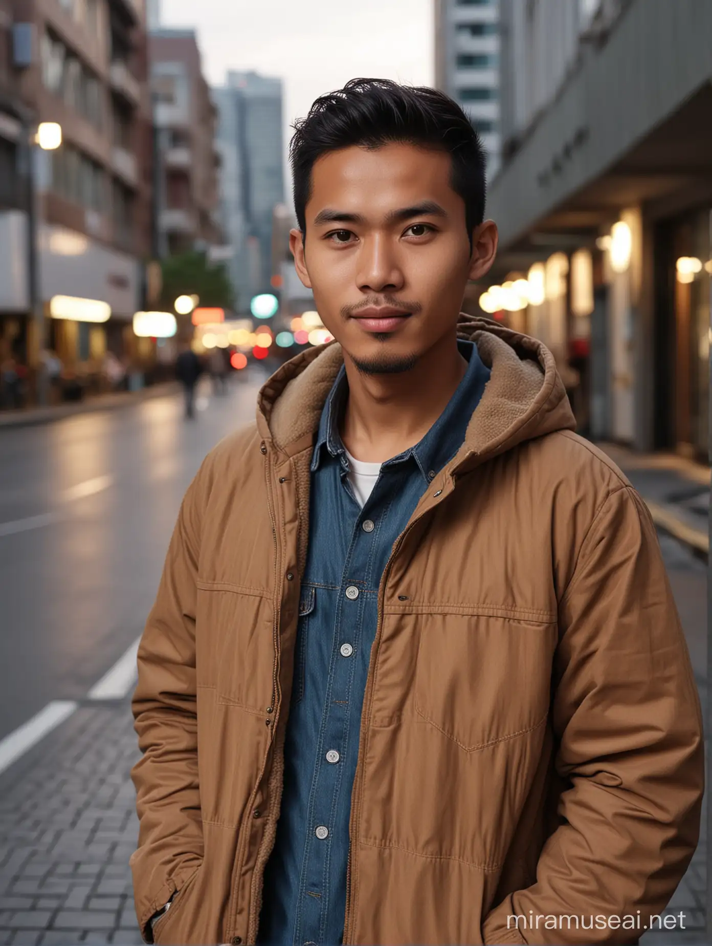 an Indonesian Javanese man (25 years old, oval and clean face, little chubby face,Indonesian hair, thin body, brown skin, wearing a thick winter jacket, jeans) standing posing like a model on the sidewalk of Jakarta, photo slightly tilted to the side, face visible, atmosphere  night, minimum!  lighting, sunset light.  ultra HD, real photo, very detailed, very sharp, 18mm lens, realistic, photography, leica camera
