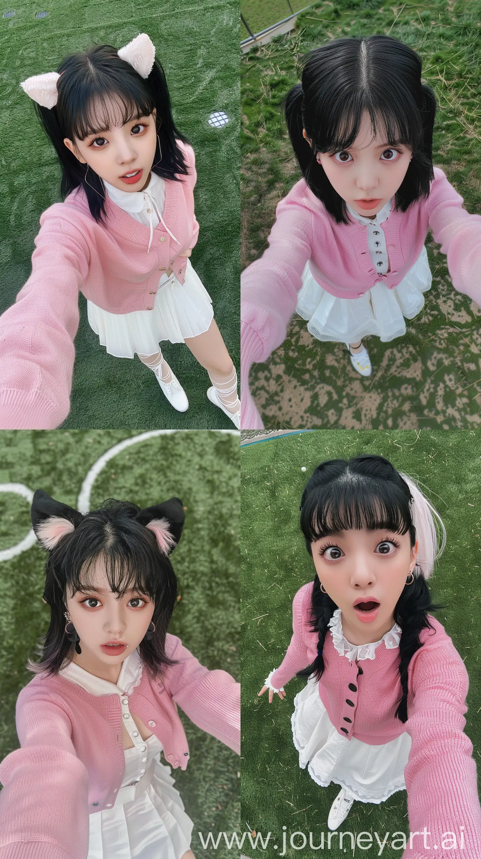 Aesthetic instagram selfie blackpink's jennie with black wolfcut hair and wide set eyes, wearing pink cardigan and white skirt, standing on grass --ar 9:16