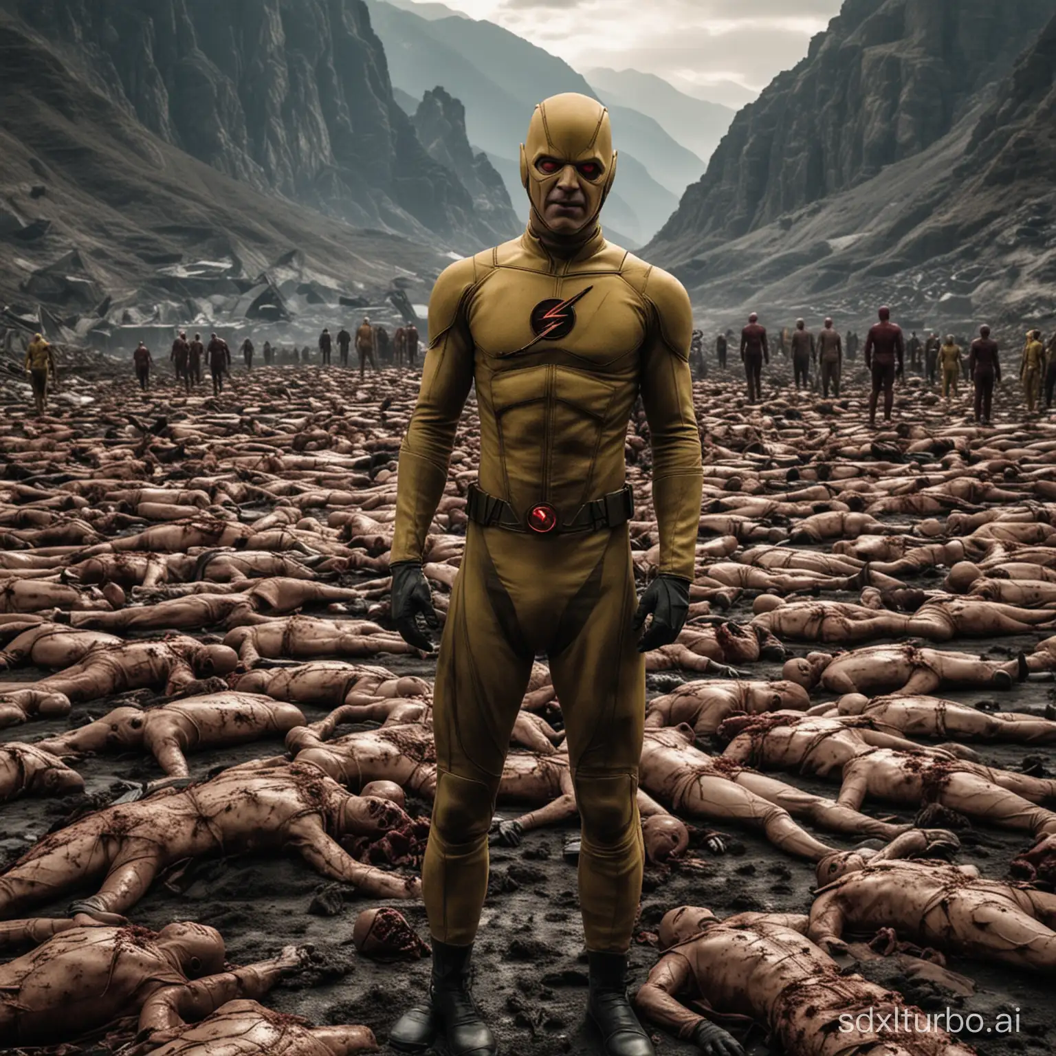 reverse flash standing in a mountain of dead bodies