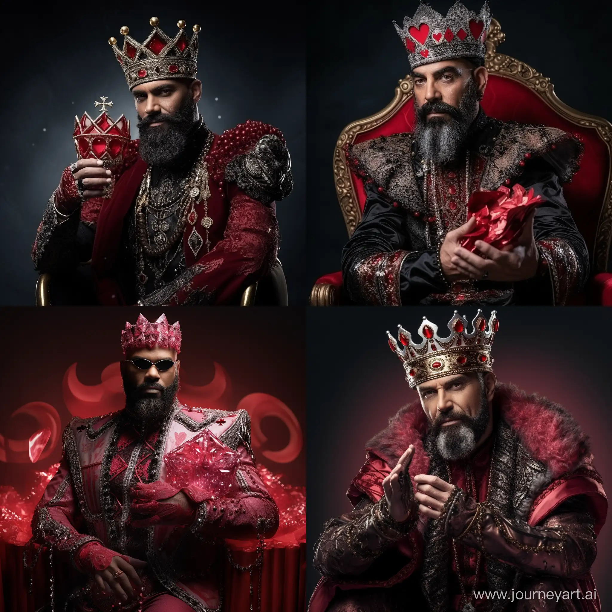 un roi de coeur noir dans un jeu de carte, barbu, des coeurs en rubis sur la couronne, un sceptre en forme de rose  à la main ,photo,  studio lightning, réaliste, 3D