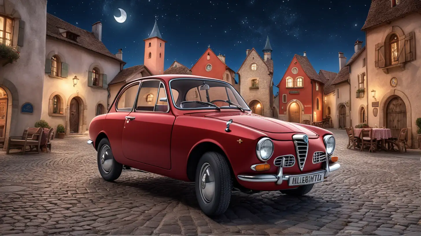 Enchanting Night in a Fairytale Village Vintage Red Car under Moonlit Sky