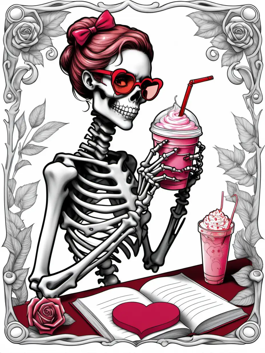 Coloring book style Valentine’s Day theme female skeleton anatomically correct wearing reading glasses is reading a steamy novel and drinking iced frappé. Don’t show pelvic region. Do not crop images. All is contained behind border frame.white border around outside
