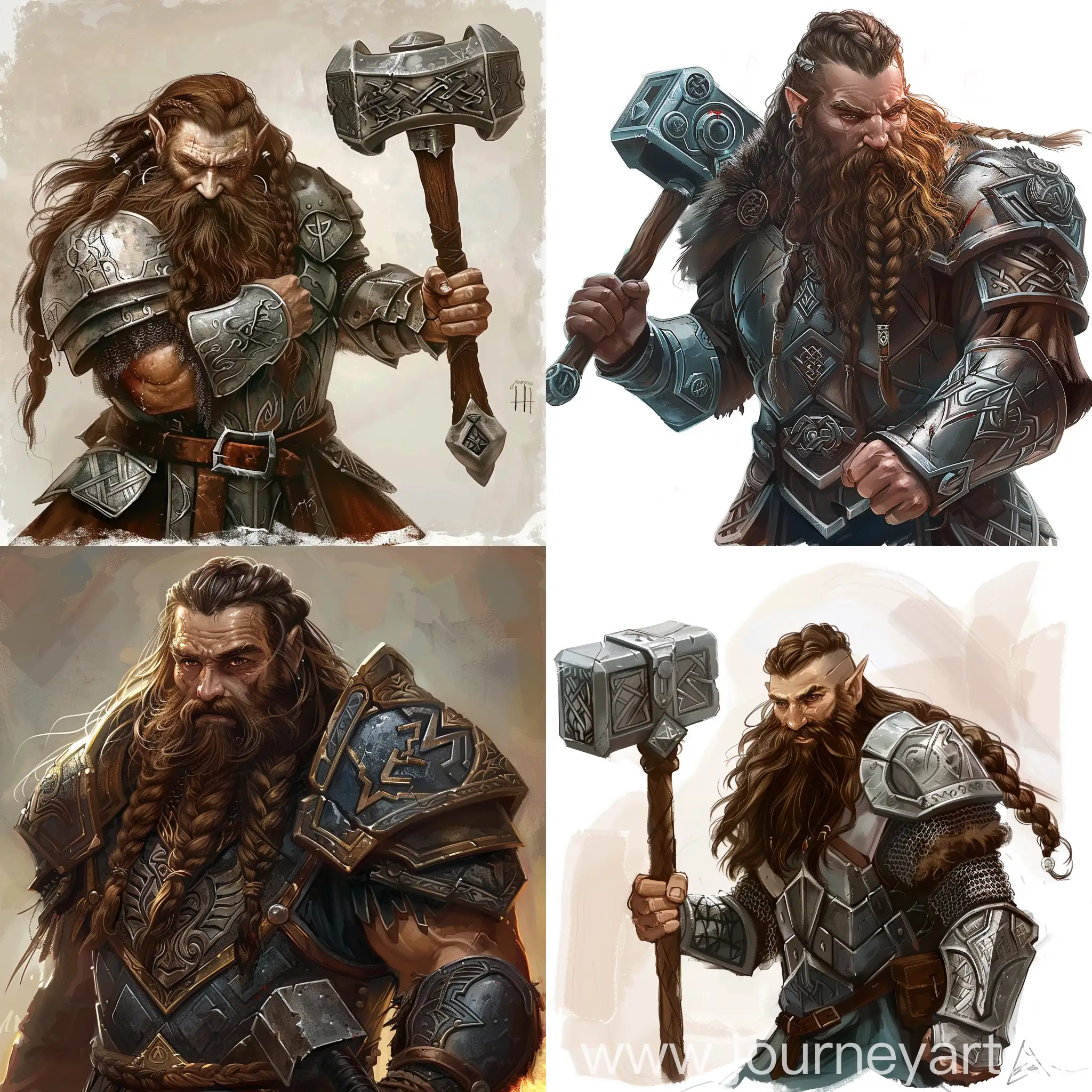 Dwarf. breastplate. The average age. Long brown hair. with a braided brown beard. With a two-handed iron hammer. in the art style of the Lord of the Rings