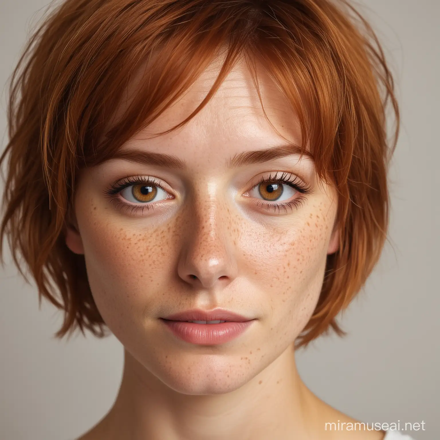 a girl around 30 years, brown eyes and ginger hair, short hair, shes have a little freckles