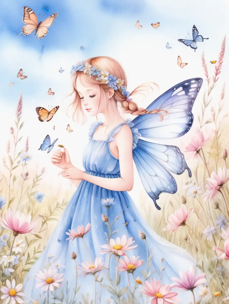 Enchanting Fairy in a Meadow Delicate Blossoms and Butterflies