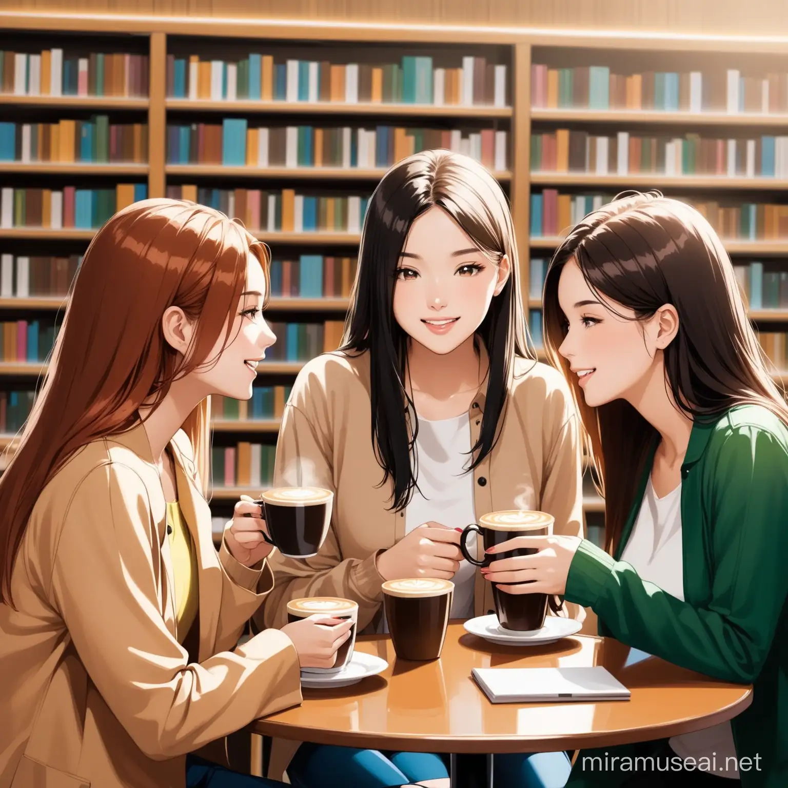 Three Female Friends Enjoying Coffee in a Cozy Library Setting