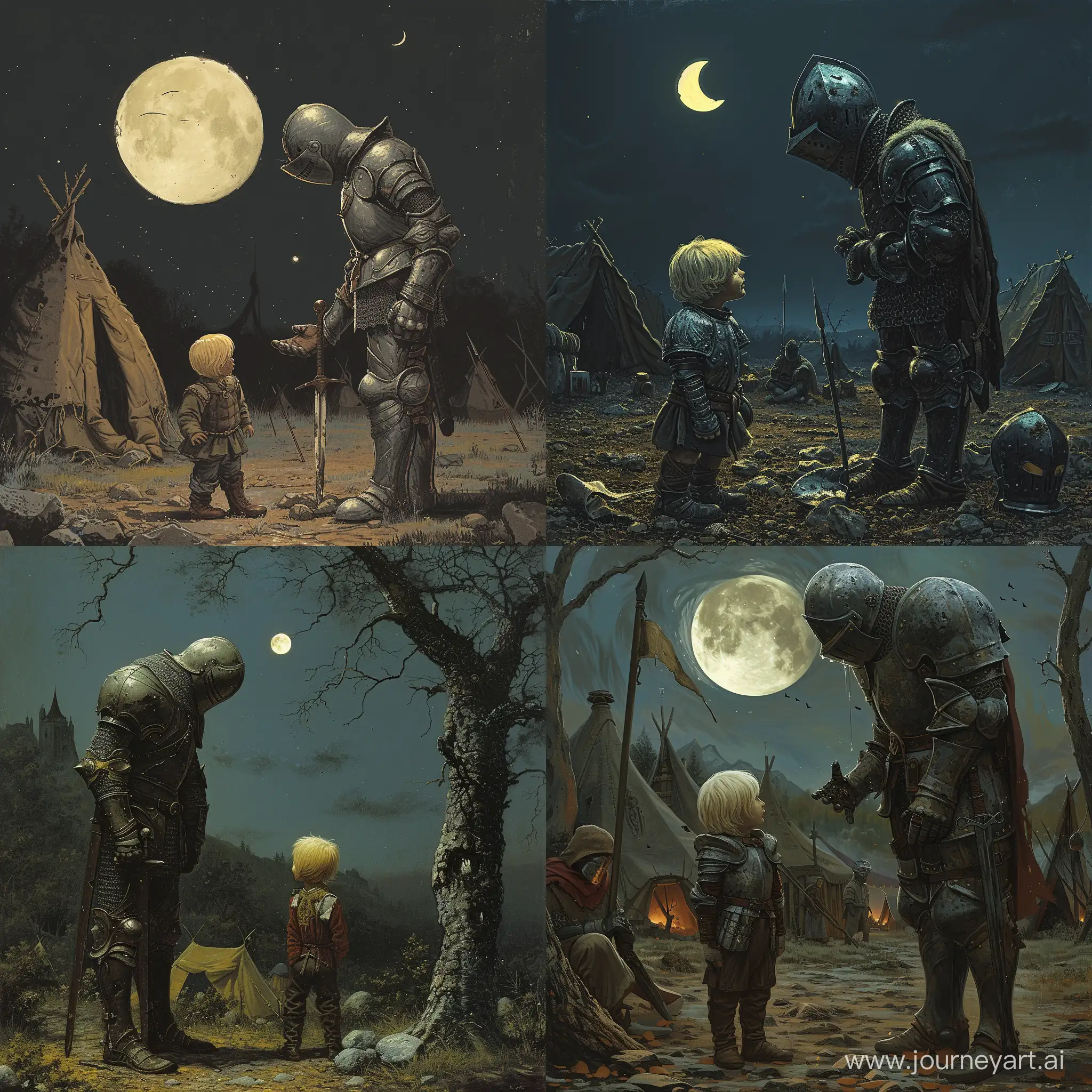 a depressed knight talking to a little boy dressed in armor, blond hair, in a camp, night time, half moon, 1970's dark fantasy style, gritty, detailed