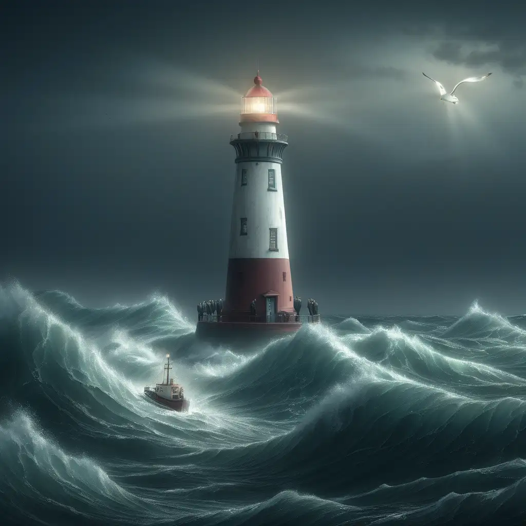 Rudderless ship lost at sea in turberlant waves with a lighthouse with a dimmed light in the distance, the visible crew on the ship are corprate business folk and the lighthouse has the word 'Leadership' visibly written on it 