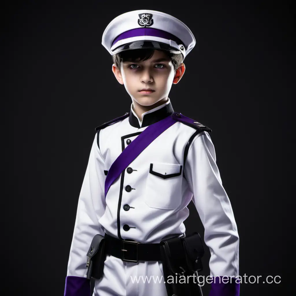 Мальчик 13 лет, фиолетовые глаза, белая униформа, белая фуражка, чёрные обводы на фуражке, полный рост, чёрная кобура на правом белое.