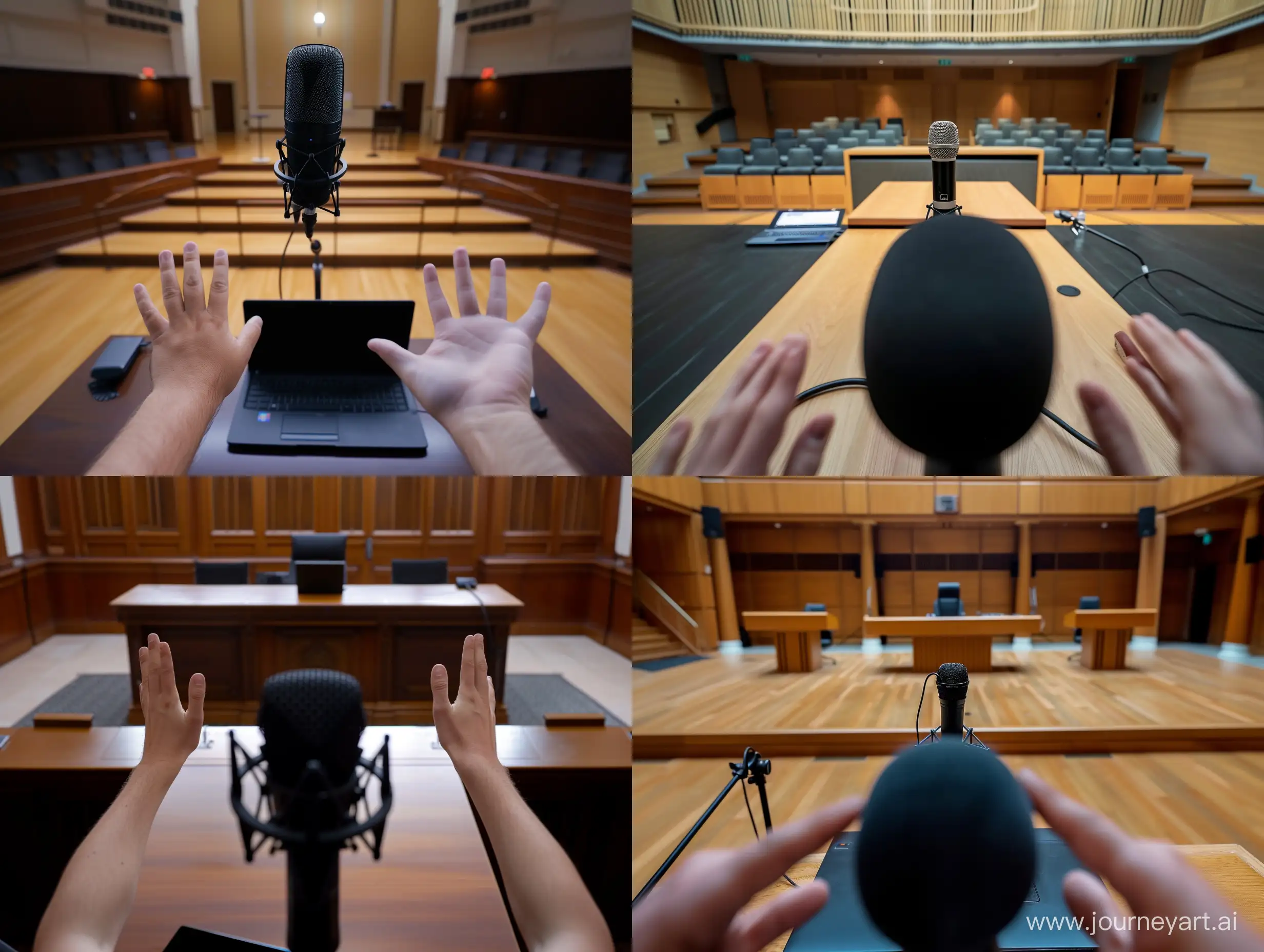 The POV of the first person in front of a large black microphone and in front of a wooden table in an empty room and The hands in the front are above a closed black laptop.Depth of Field photography.--ar 4:3 --s 100 --style raw --v 6