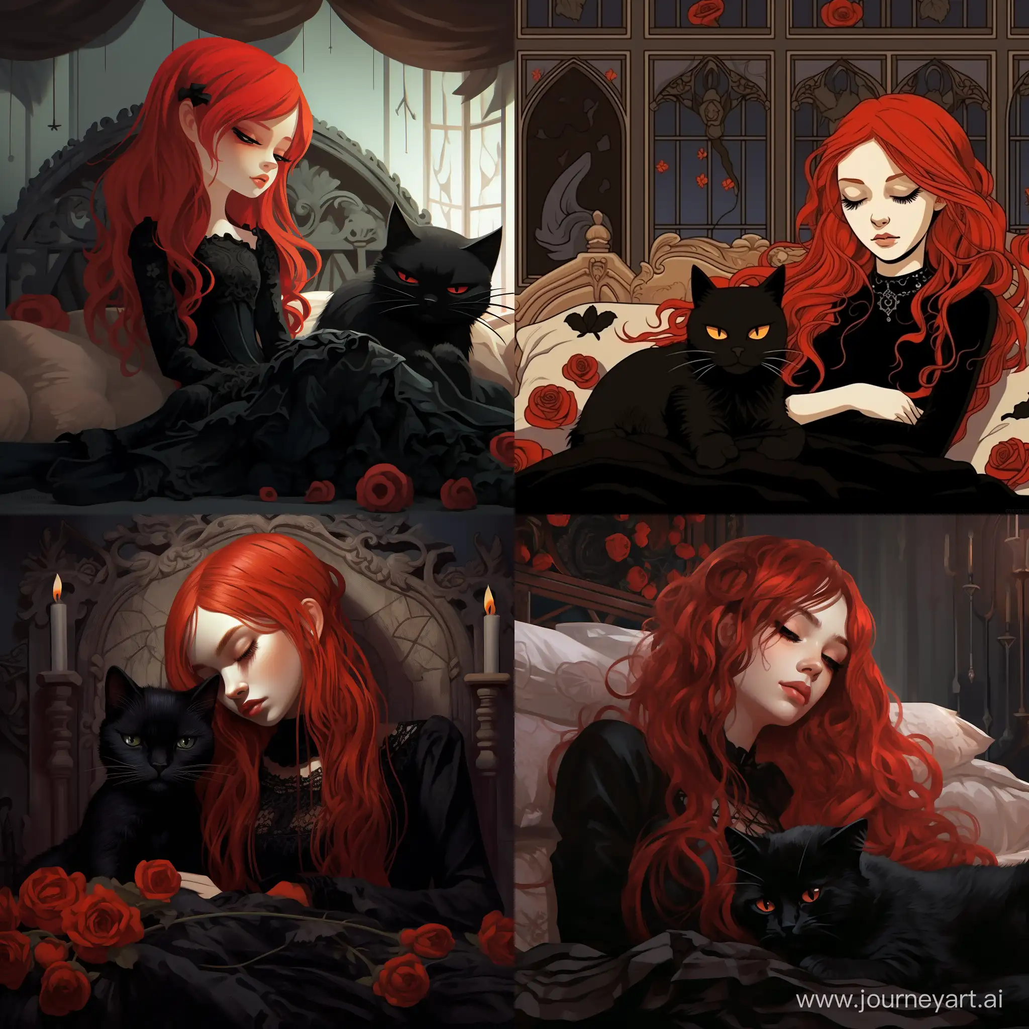 RedHaired-Gothic-Girl-Sleeping-Next-to-Stylish-Cat