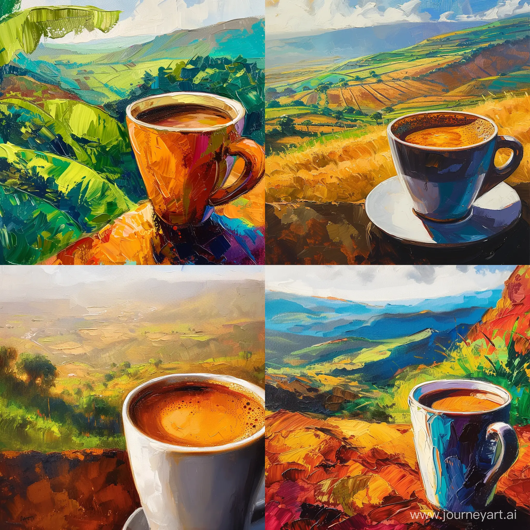 картина в стиле импрессионизм, близко стоит горячая чашка кофе, на заднем плане  пейзаж Эфиопии, яркий и сочный