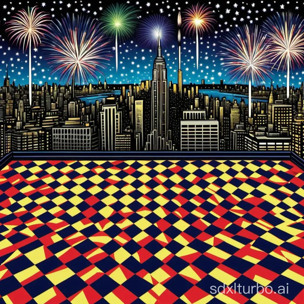 do a checkered square tile illusion of new york city and fireworks at night on a rooftop with color