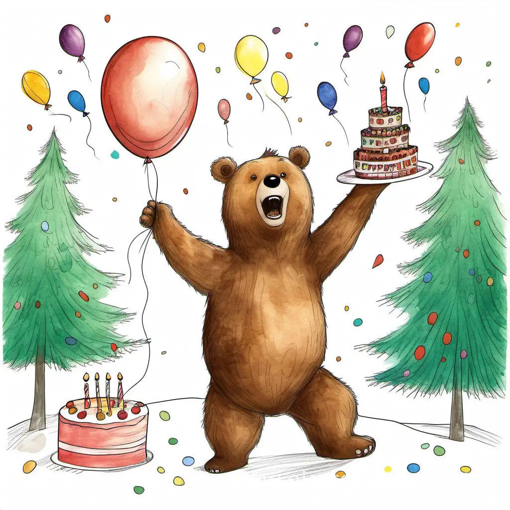 детский рисунок от руки, бурый медведь празднует день рождение, ест торт, кругом шарики и елки