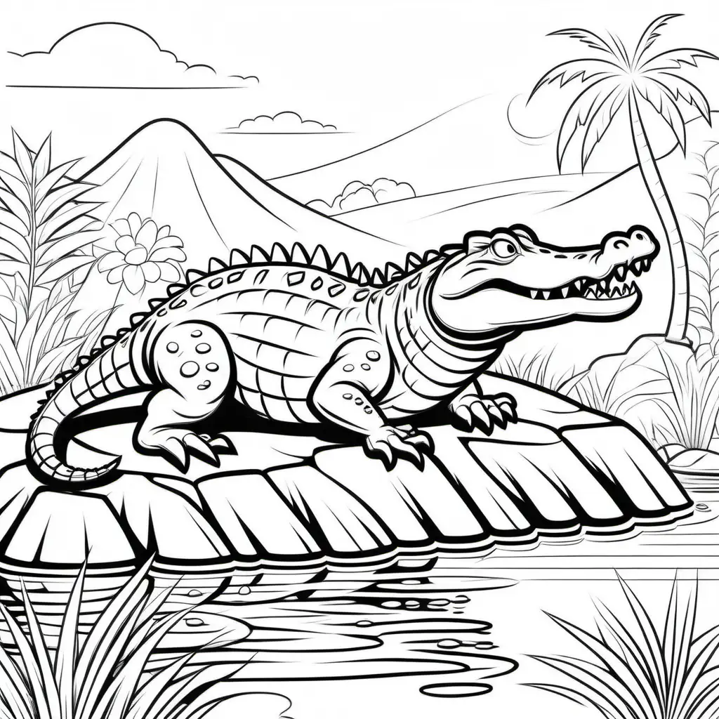 Coloring page for kids, crocodile on a rock in the Garden of Eden close to a water body, clean line art