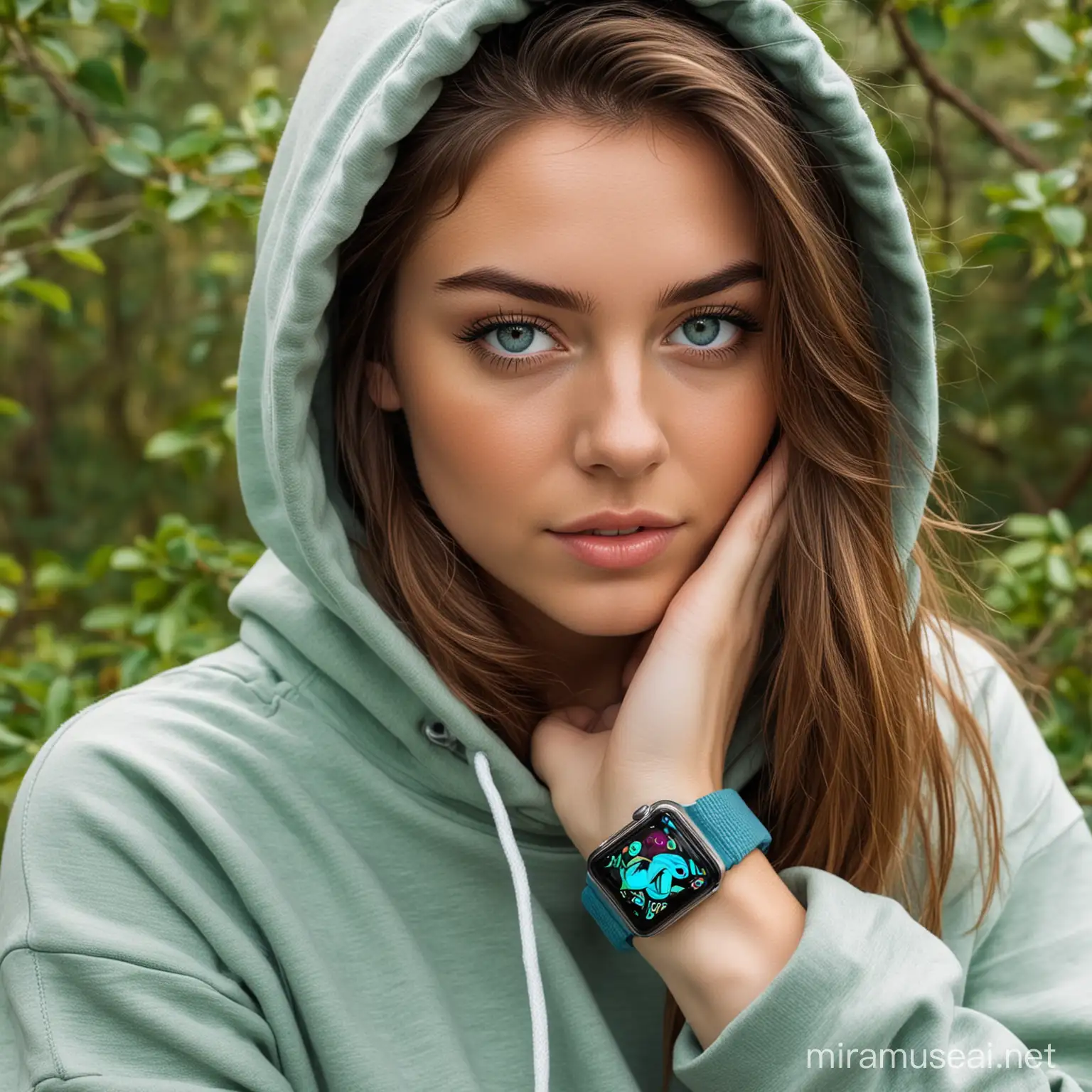 Sexy 21-year-old woman with brown hair and blue eyes, wearing a hoodie with a cool nature design on it, and an Apple Watch with a unique blue/green band