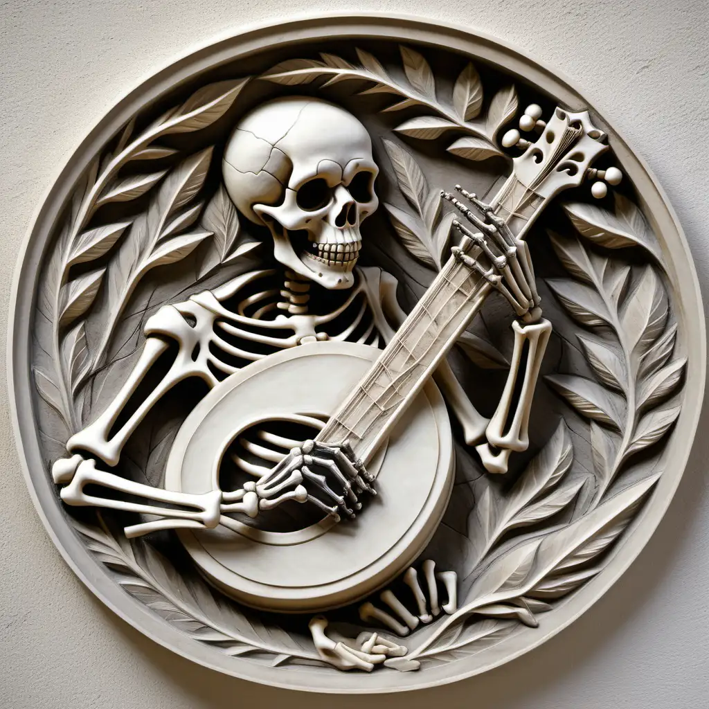Bas relief rond musicien squelette 