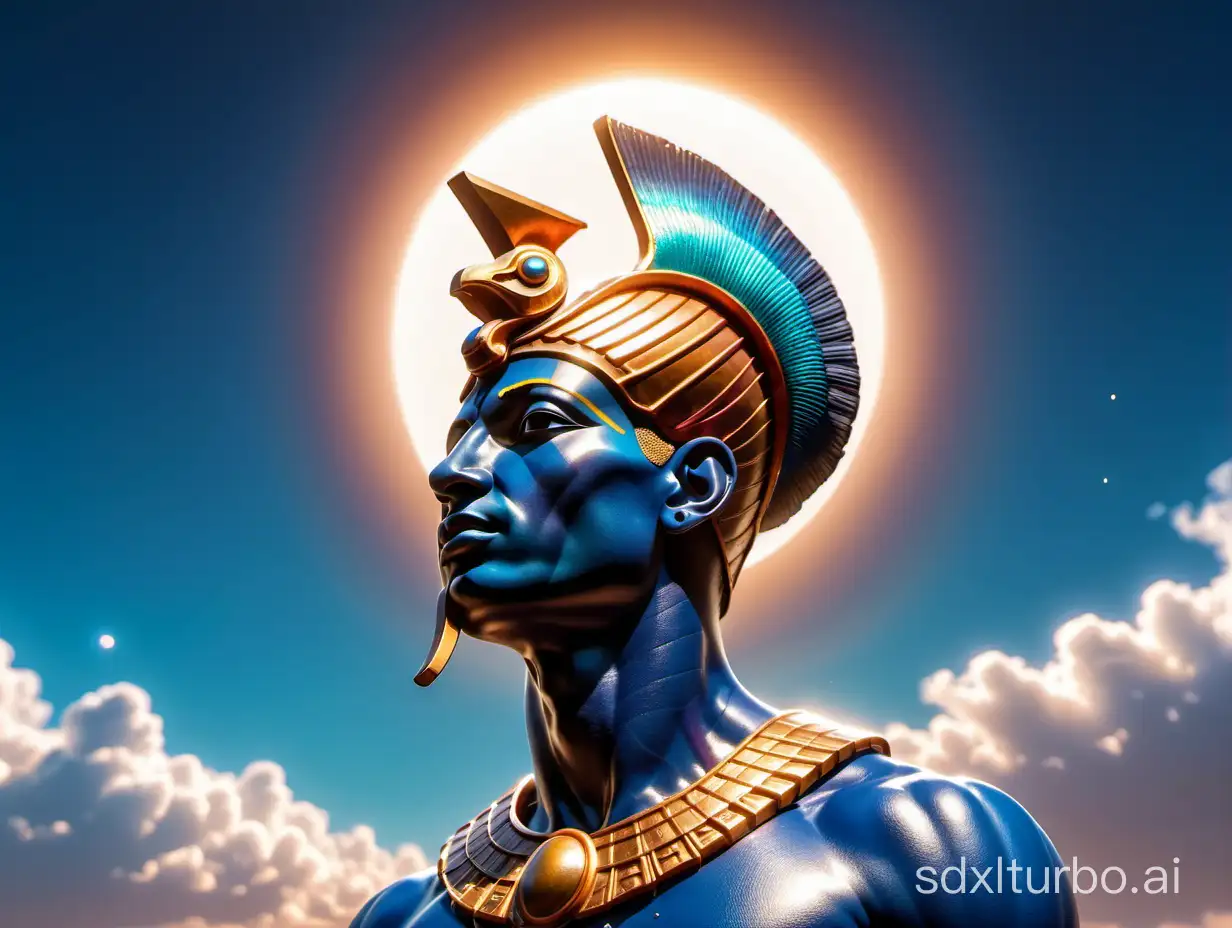 Divine God Osiris with a vibrant sky and clouds behind him, dark blue Metalic skin , Muscular, from the shoulder to the head part, with a perfectly centered shining sun behind his head