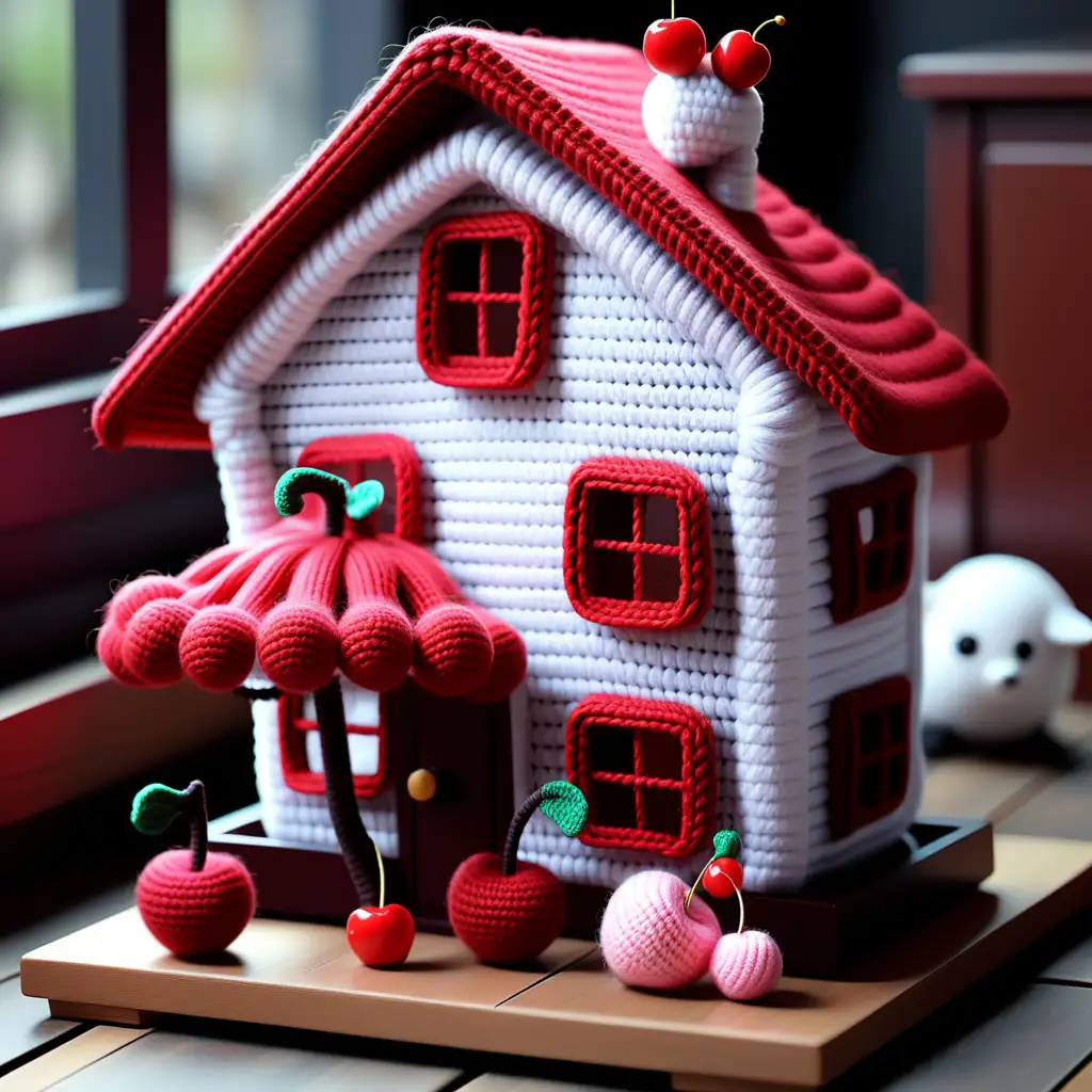 Adorable Amigurumi Cherry House Displayed on Wooden Table