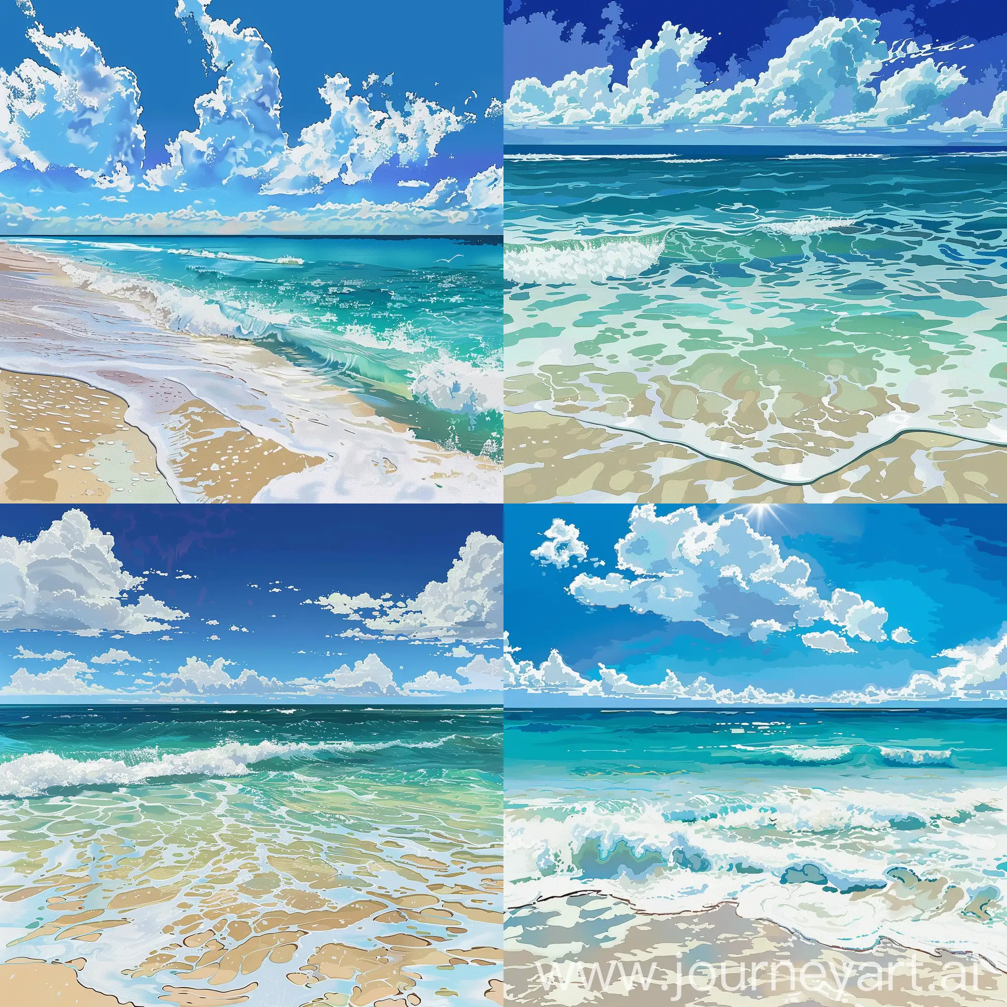 an image of a stunning beach with overlapping ocean waves and clear blue skies , illustrated