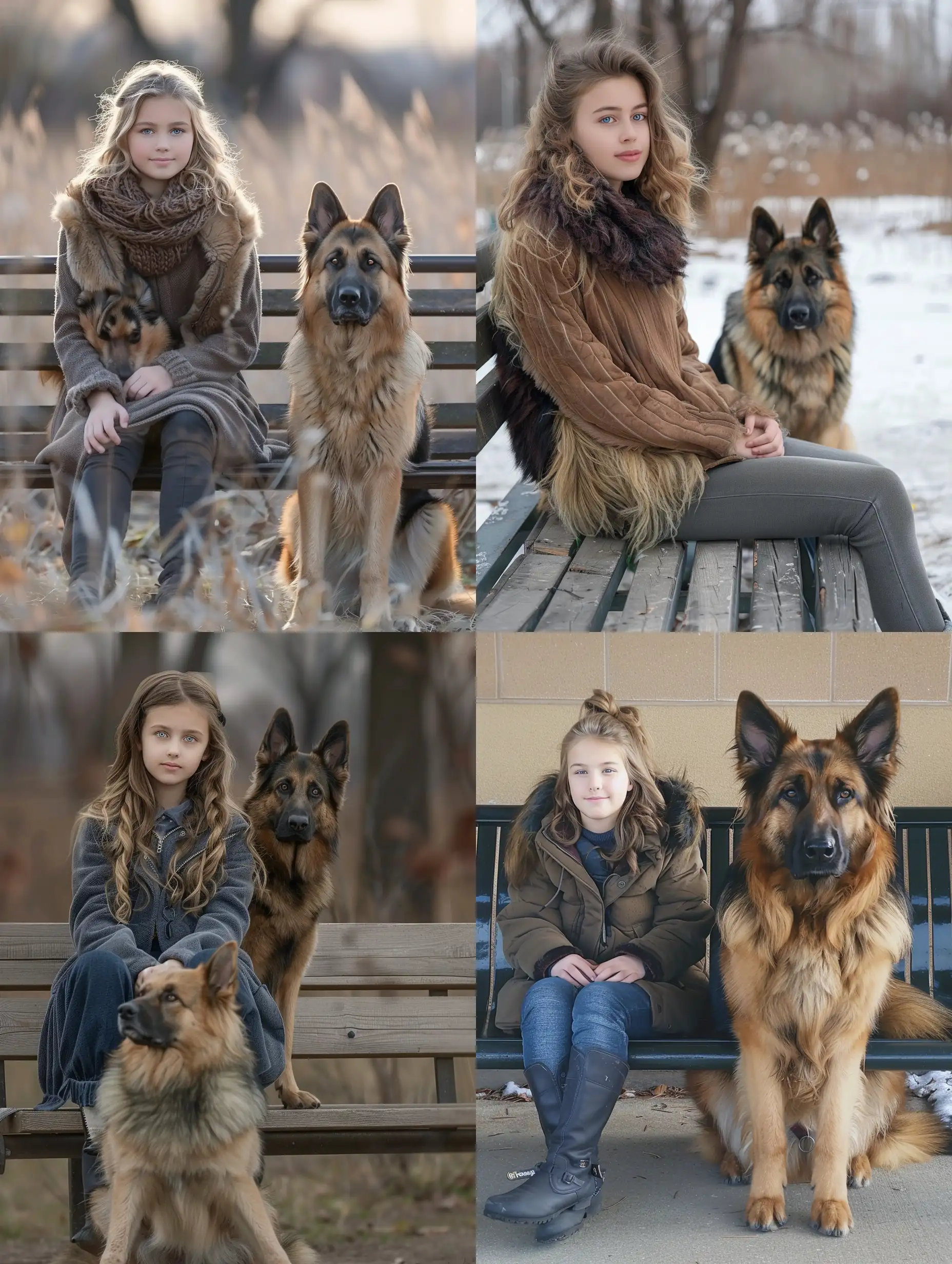 The girl sits on a bench face clearly visible looking at the camera natural photo realistic dog German Shepherd sits next to it 