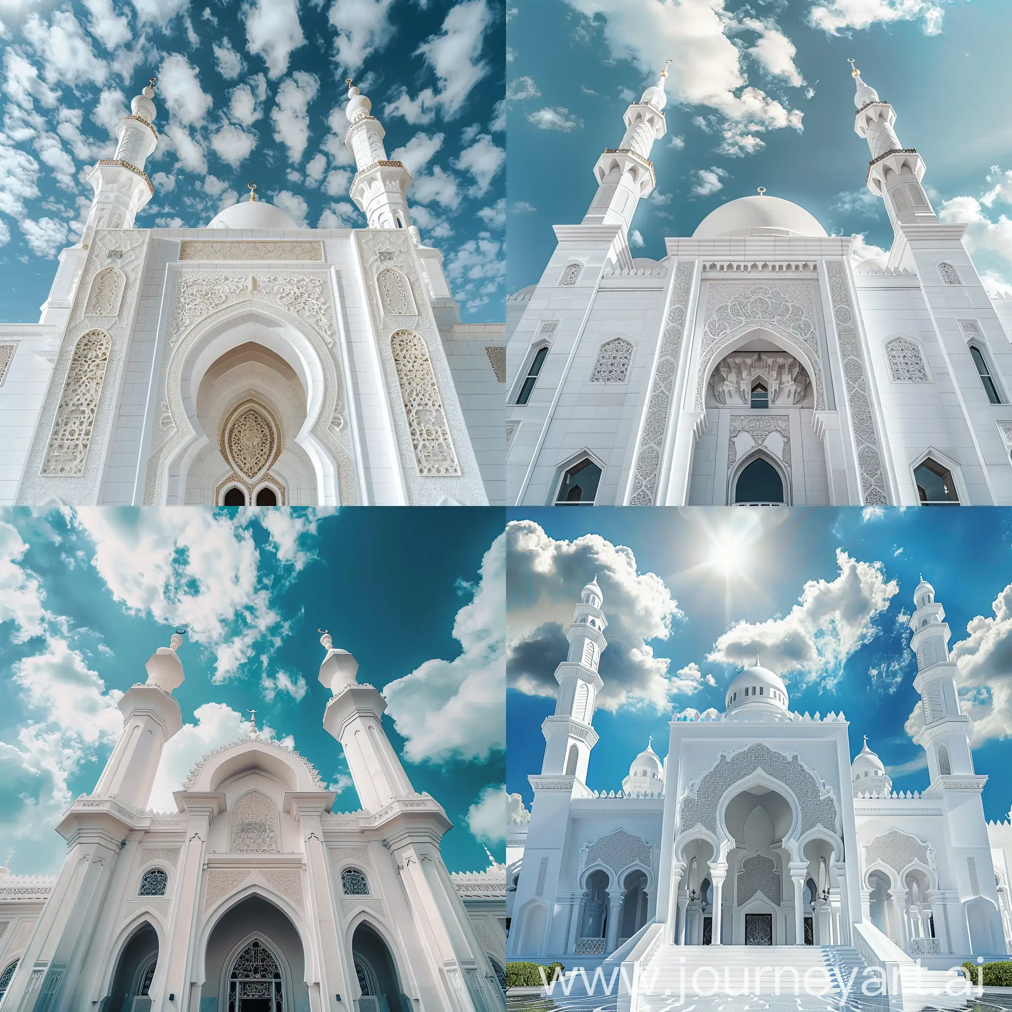 slightly tilted upside view of a traditional white mosque facade, Renaissance painting like sky and clouds above, 