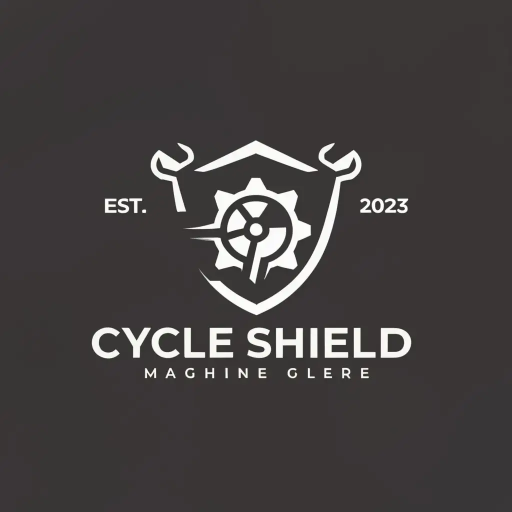 a logo design,with the text "Cycle Shield", main symbol:Shield containing cogs with crossed wrenches behind,Minimalistic,clear background