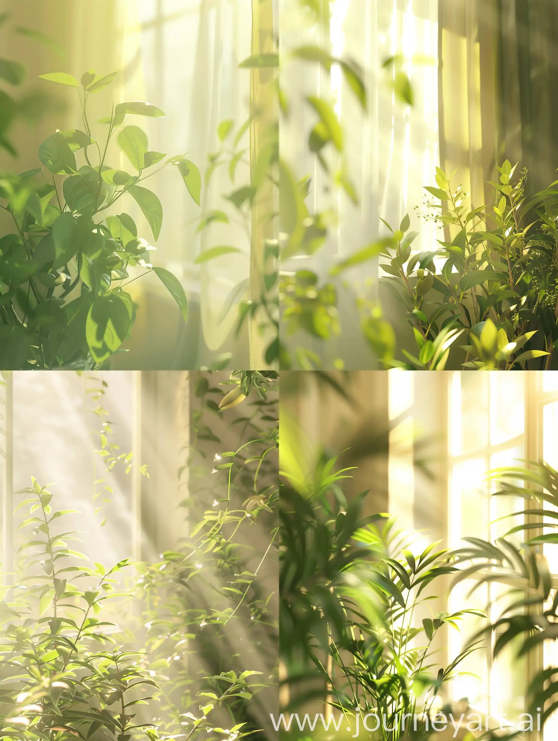春天气息，明亮柔和的光线，有绿植的居家环境，柔和黄绿色调，低饱和度，细节丰富，写实摄影风格，高清晰度，8K，自然光，0ctane render渲染器