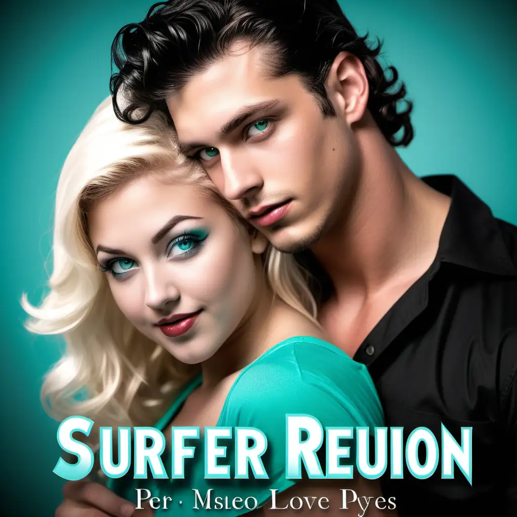 A cover concept for a book about a high school reunion that is also a romance featuring a curvy woman who is in her late 20's with jet black long wavy hair, green eyes, small pixie like nose, rockabilly style. The love interest is a male in his late 20'd, short blonde hair, scruff on his face, aqua blue eyes, tall athletic build. Surfer style. There is also a mystery component.