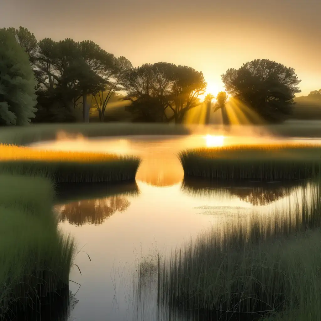 sunrise over the trees with  big round  pond in foreground and tall grass
