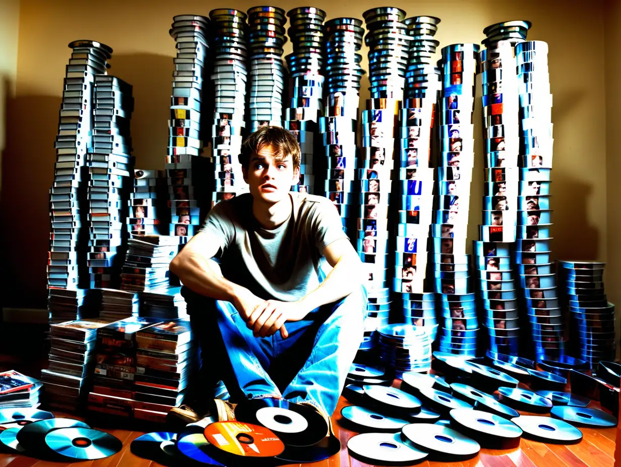 guy in his 20s seated on the floor, surrounded and towered over by too many dvds