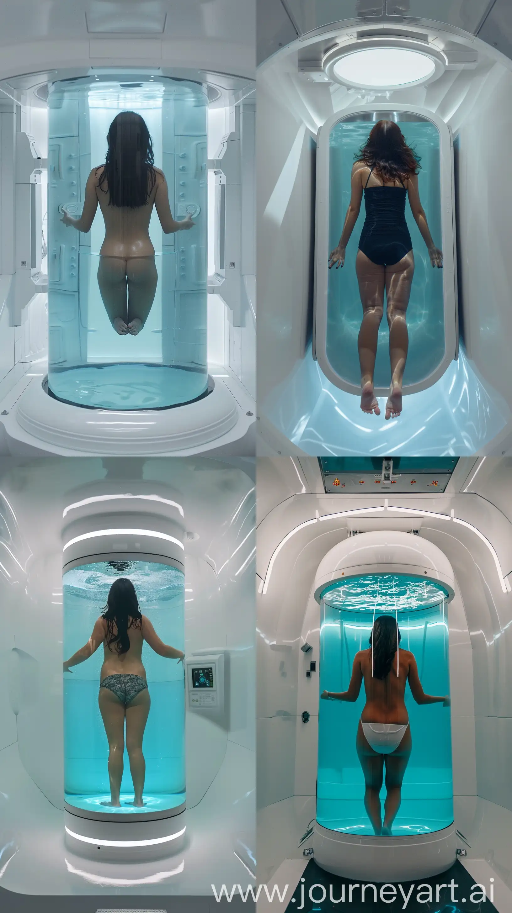 the backside of a woman floating in a clear blue-ish liquid in a cylindrical bacta tank in white chamber. realistic in color. science fiction. --ar 9:16