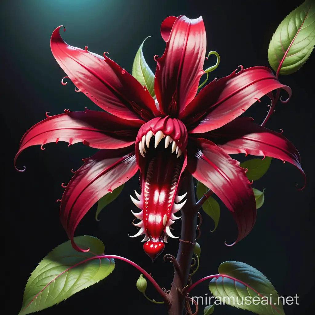 a large devouring crimson flower, that has red leaves, a mouth with razor sharp teeth, and brown vines in its stem