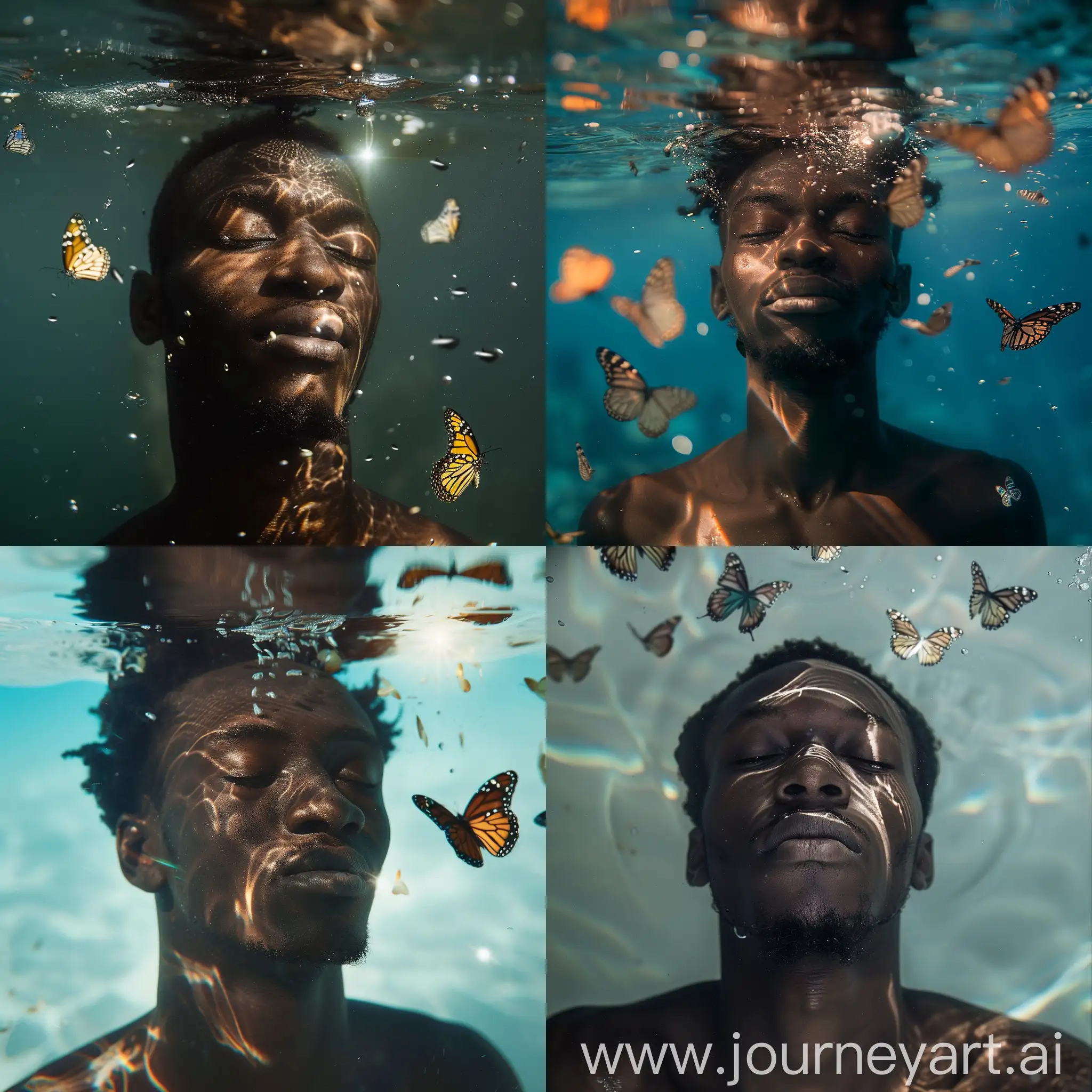 African-Man-Serenely-Submerged-Underwater-Meditation-with-Light-and-Butterflies