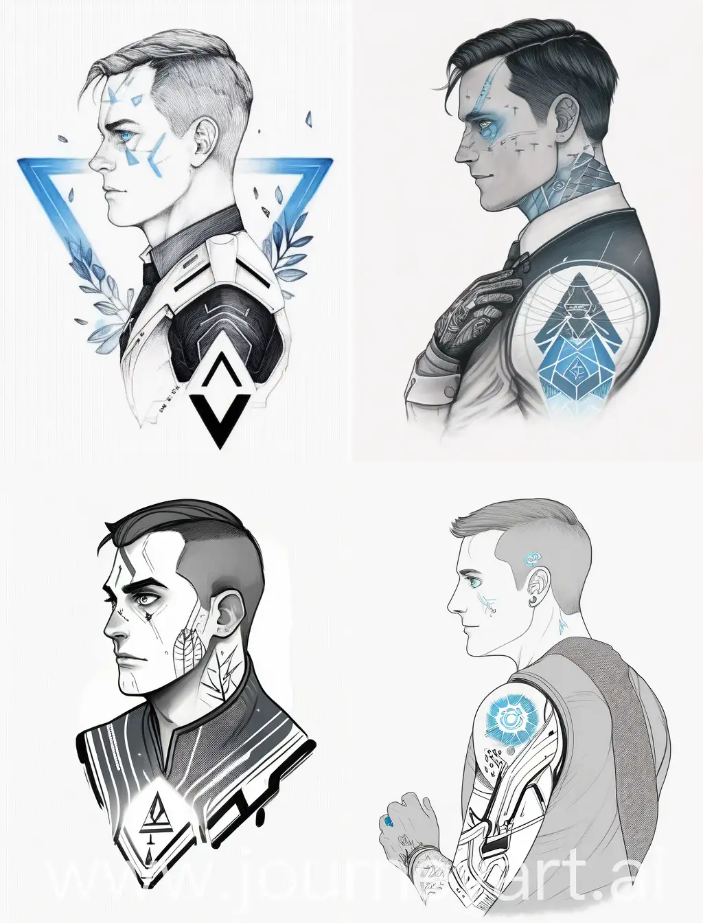connor from detroit become human, tattoo design sketch, white background
