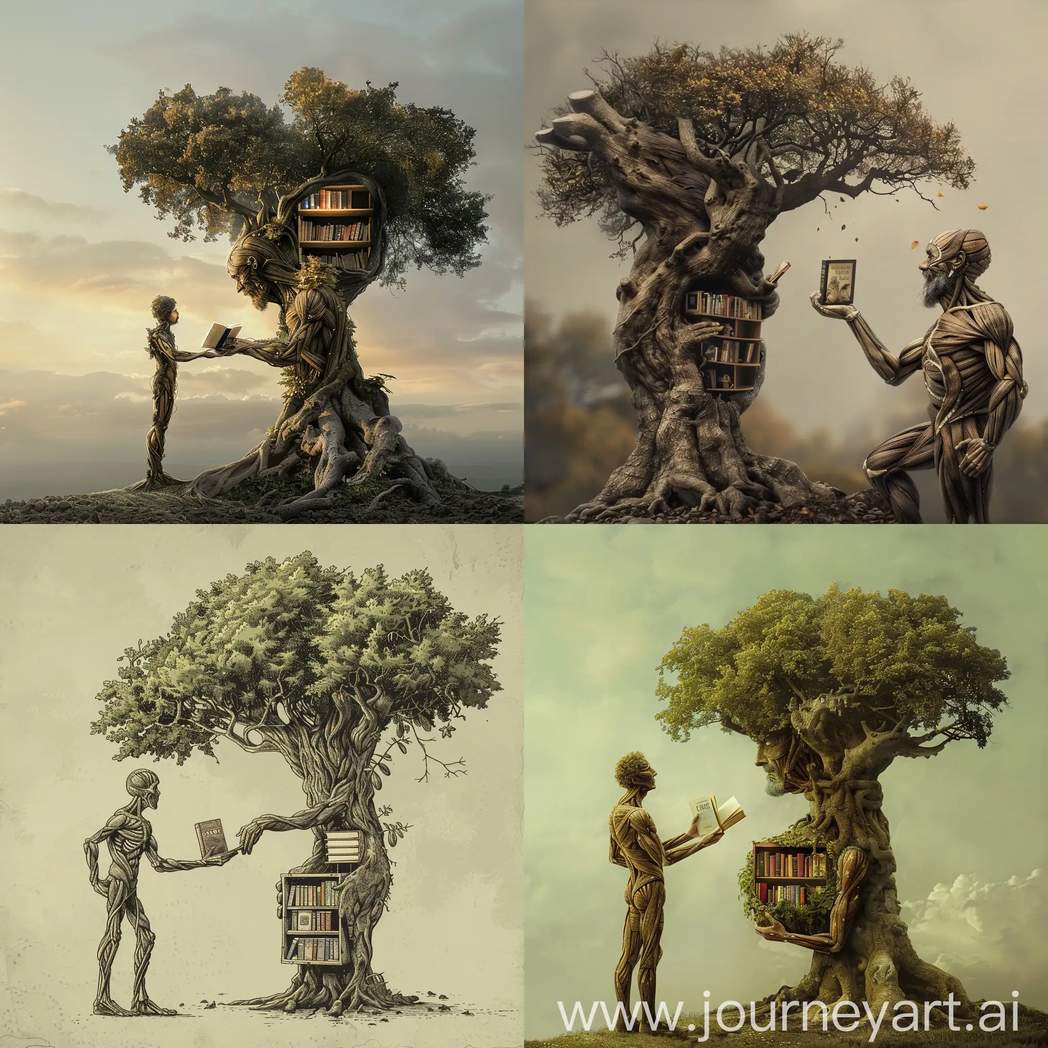 a tree with human posture, handing a book to a human, it has a little bookshelf in its chest。