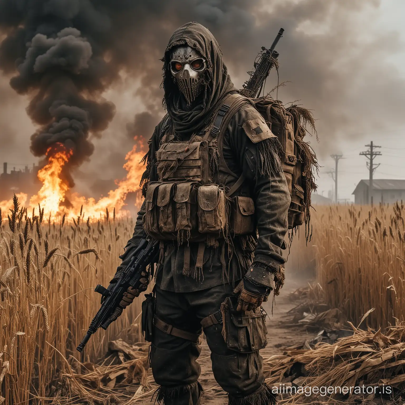 Dark, mysterious, broody, Villainous evil soldier, with a scarecrow-styled mask, burning eyes with smoke and flames, wearing a tattered ghillie suit and body armor, carrying a backpack and holding an assault rifle, standing in a post-apocalyptic wasteland, which used to be a wheat farm