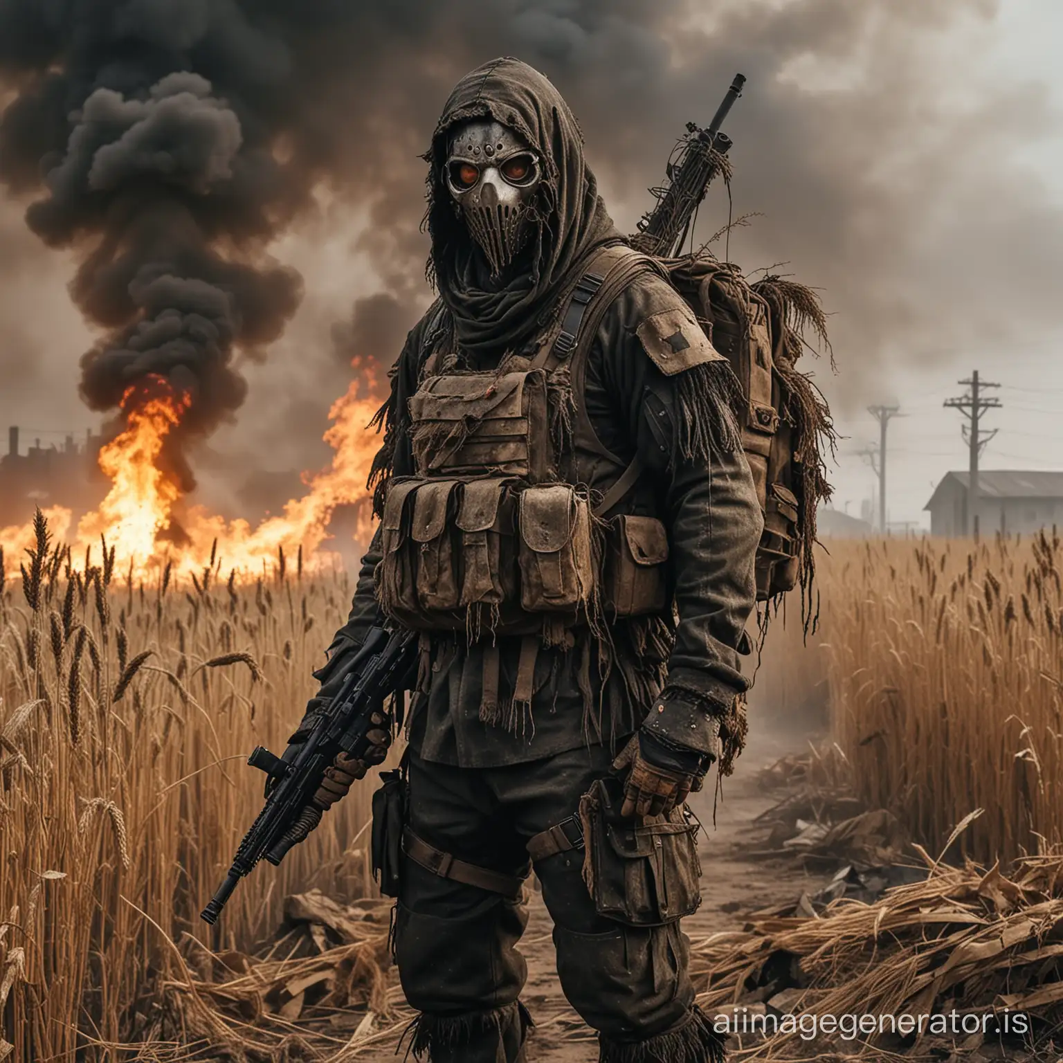 Dark, mysterious, broody, Villainous evil soldier, with a scarecrow-styled mask, burning eyes with smoke and flames, wearing a tattered ghillie suit and body armor, carrying a backpack and holding an assault rifle, standing in a post-apocalyptic wasteland, which used to be a wheat farm

