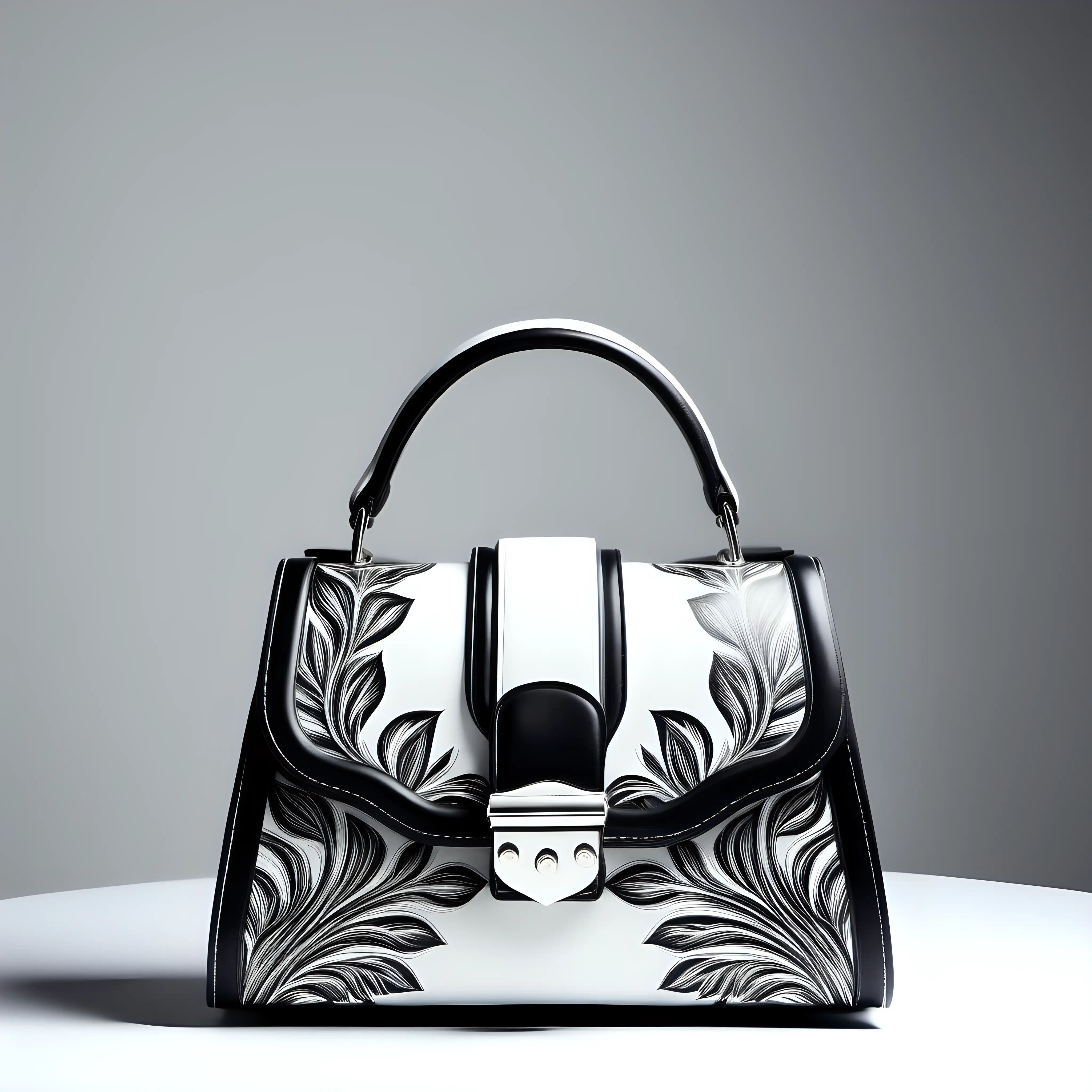 contemporary innovative style inspired luxury rilief printed leather bag - one handle - metal buckle - color contrast borders - frontal view -black and white shades