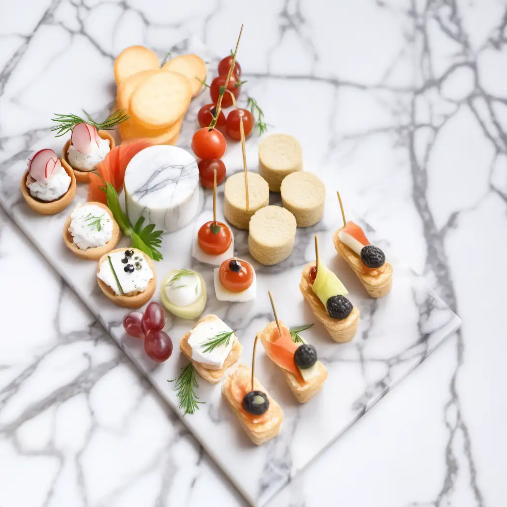 beautiful different canapés and snacks on a marble table