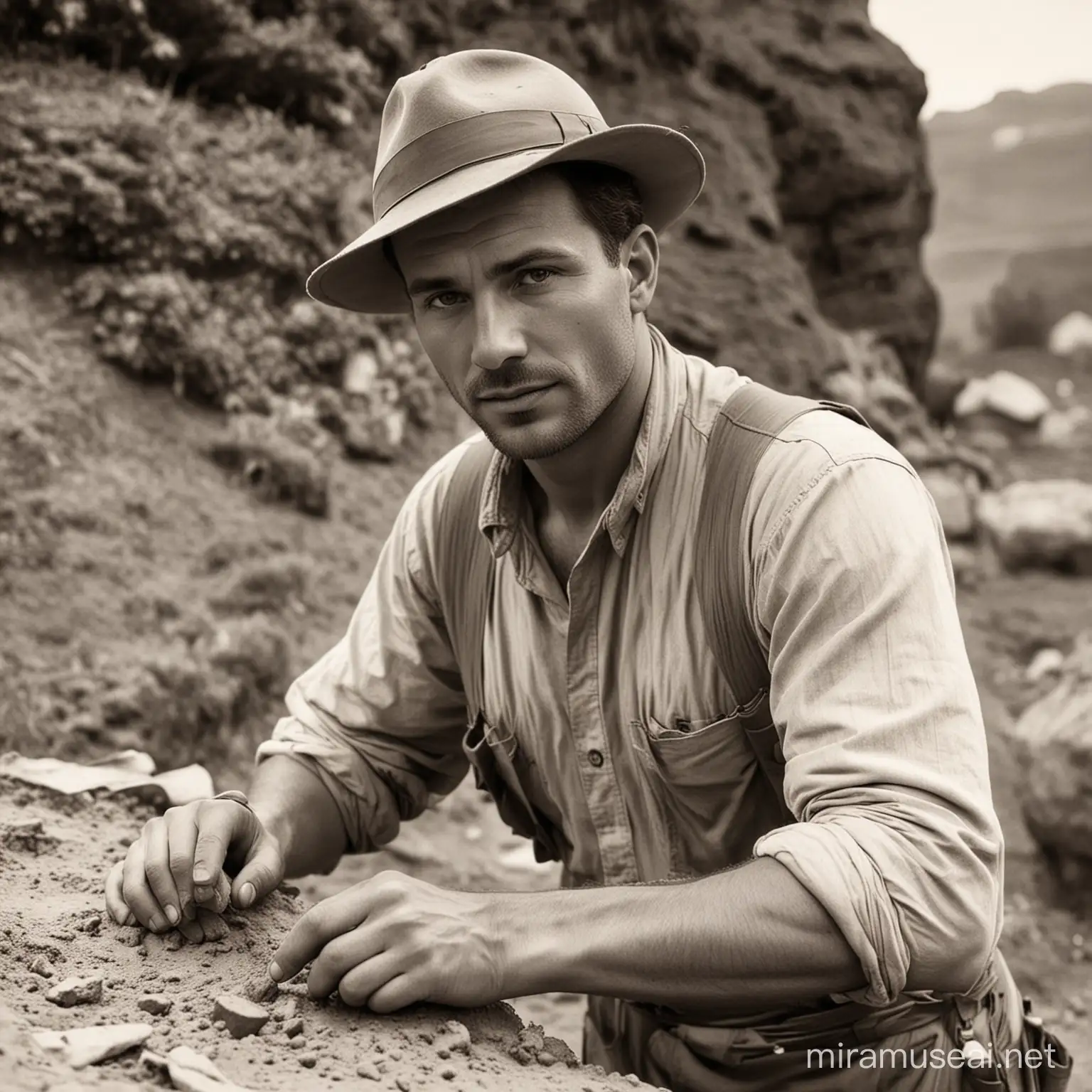 Male Archaeologist Exploring Ancient Ruins in 1920