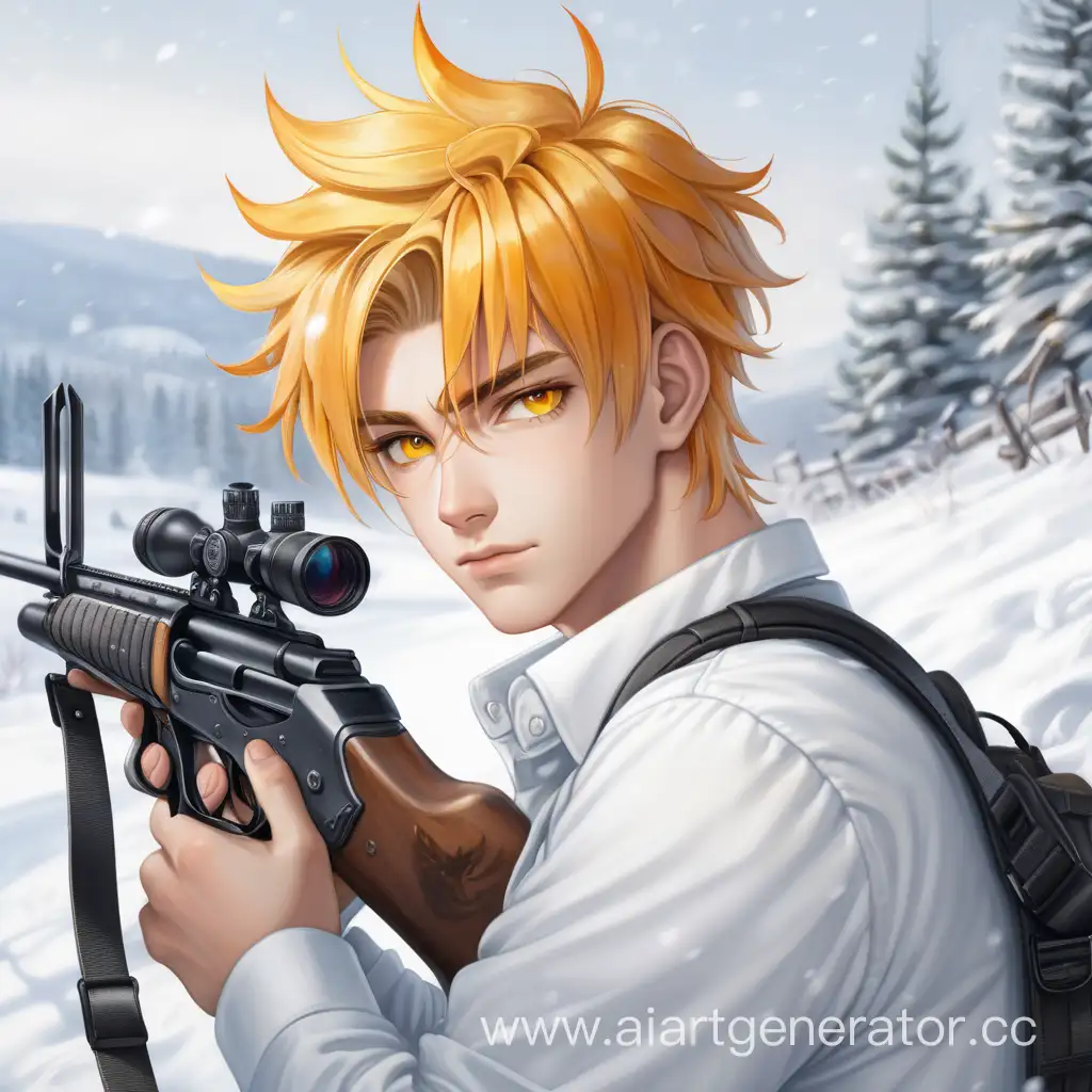 красивый парень лет 20, желтые волосы, оранжевые глаза, с красивым зимним фоном, в белой рубашке, с винтовкой