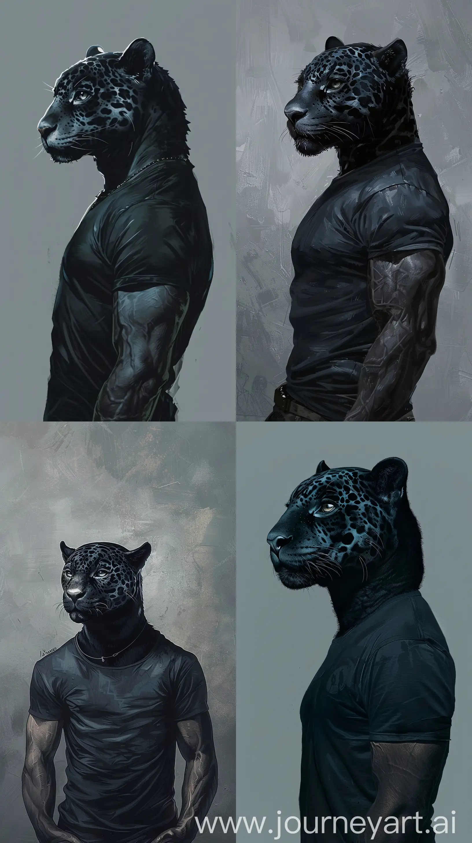Kees van dongen art style of a black jaguar as a human man with black body wearing a t shirt, as phone wallpaper gray background. --ar 9:16