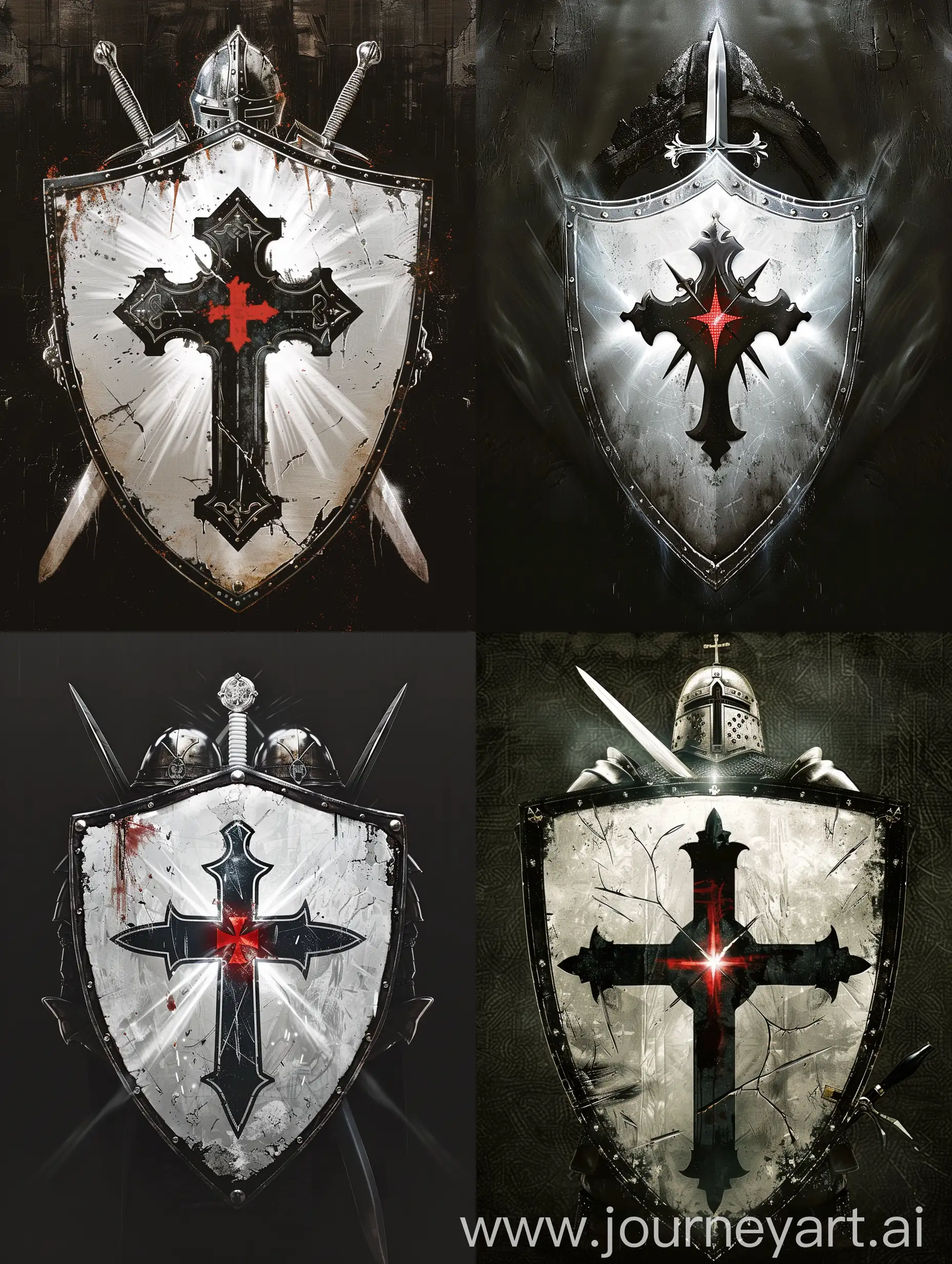 Белый серебряный щит рыцаря с черными краями, за щитом серебряный меч а, на щите изображён красный крест от которого исходит белый свет.большой чёрный крест в середине щита с красным крестом в нём. 
